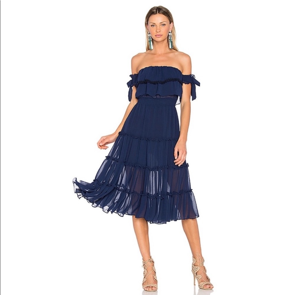 NEW Misa Micaela Off Shoulder Navy Tiered Midi Dress